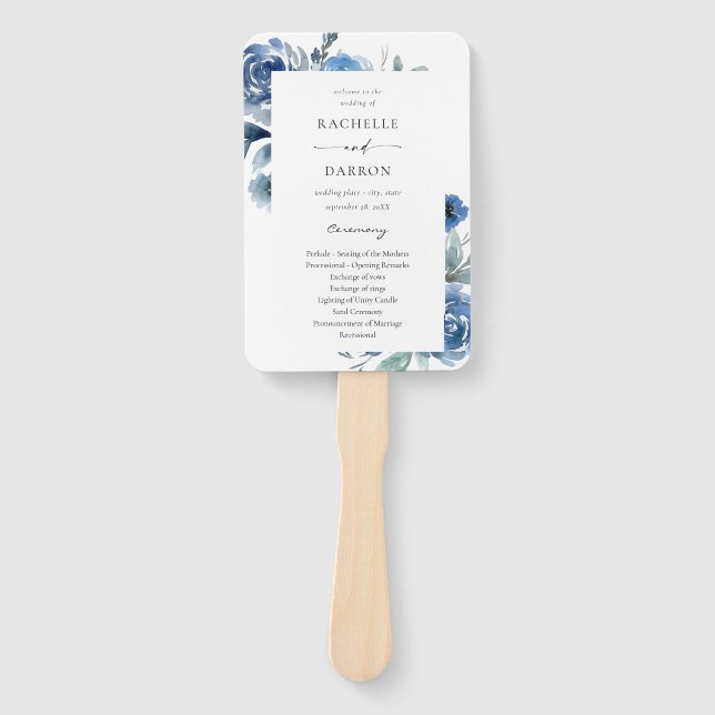 Dusty Blue & Blue Floral Wedding Program Hand Fan (Front)