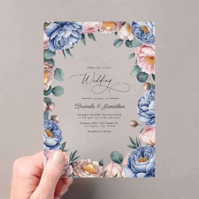 Dusty Blue, Blush, and Warm Taupe Floral Wedding Acrylic Invitations (Insitu (Handheld))