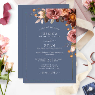 Dusty Blue, Blush Burgundy Floral Wedding Invitation
