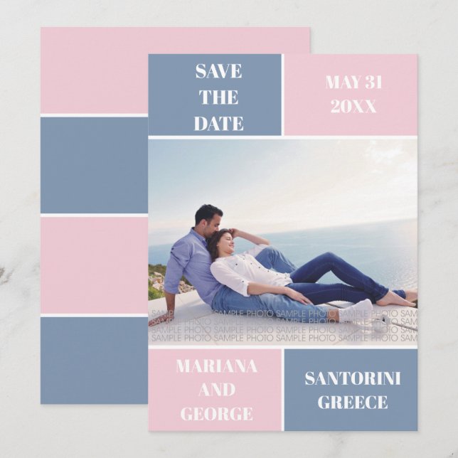Dusty blue blush colour block wedding Save the Dat Date (Front/Back)