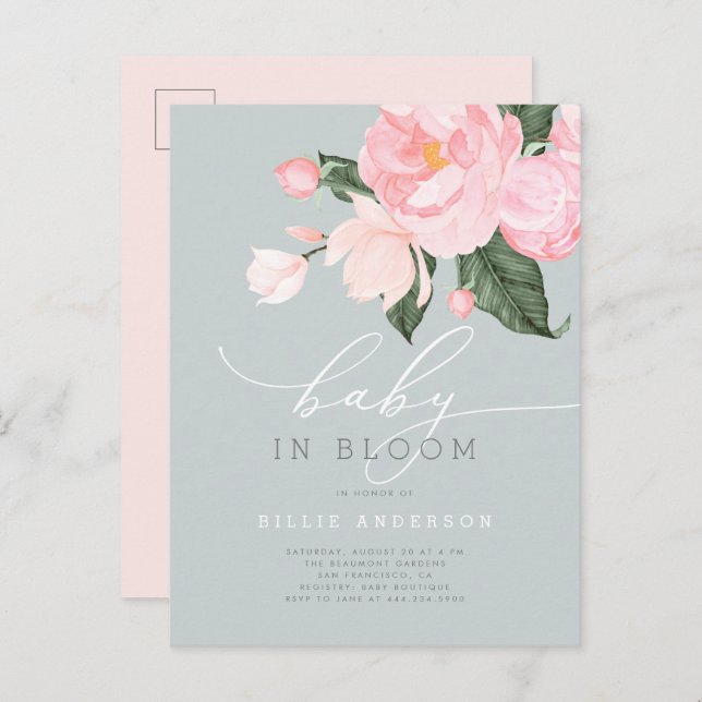 Dusty Blue Blush Floral Baby in Bloom Shower Invitation Postcard (Front/Back)