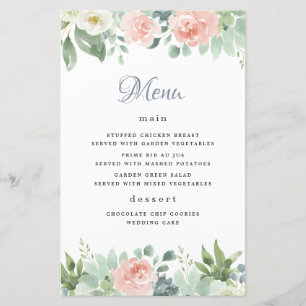 Dusty Blue Blush Floral Garden Wedding Menu Cards