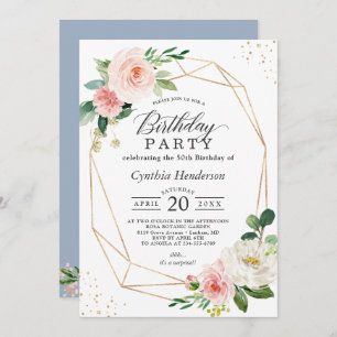 Dusty Blue Blush Floral Geometric Birthday Party Invitation