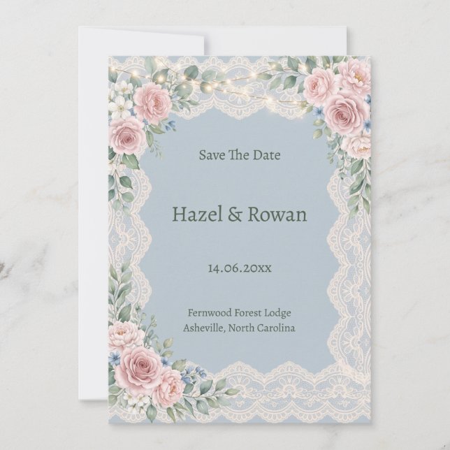 Dusty Blue Blush Floral Save the Date Invitation (Front)