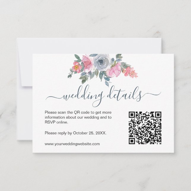 Dusty Blue Blush Floral Watercolor RSVP QR Code   (Front)