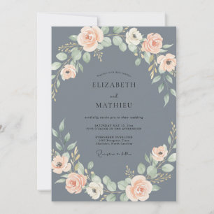 Dusty Blue Blush Floral Wedding Invitation