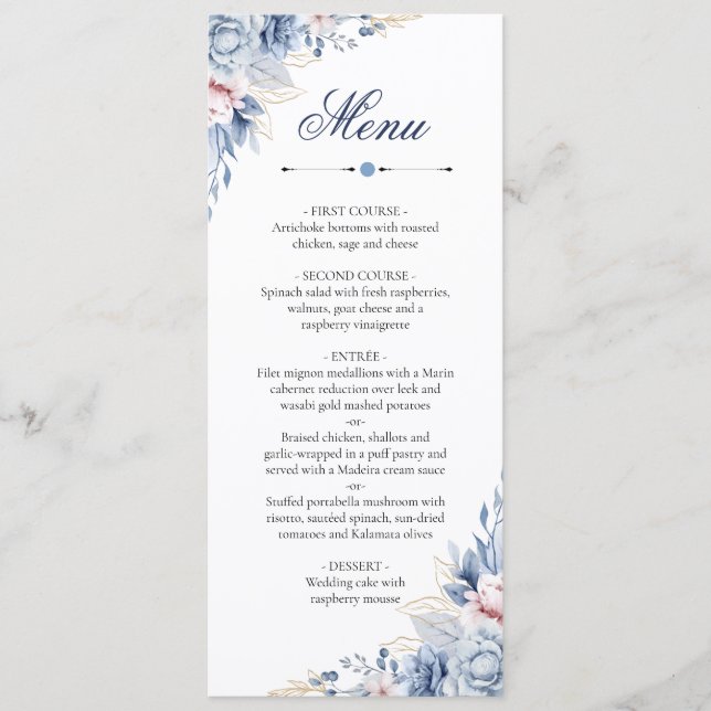 Dusty Blue Blush Floral Wedding Menu Card  (Front)
