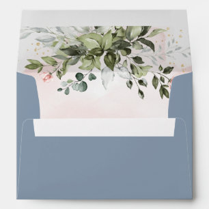 Dusty Blue Blush Gold Greenery Succulent Wedding Envelope