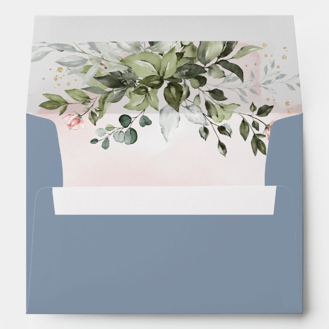 Dusty Blue Blush Gold Greenery Succulent Wedding Envelope (Back (Bottom))