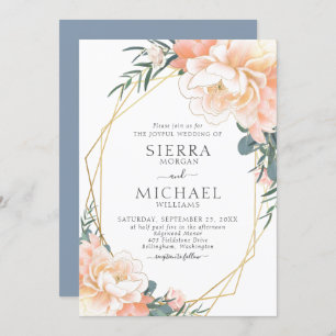 Dusty Blue Blush Gold Peach Floral Wedding Invitation