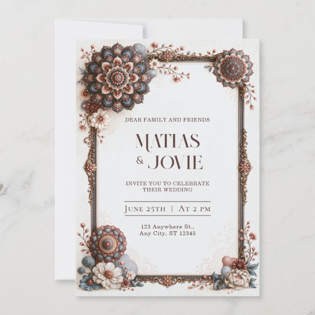 Dusty Blue Blush Mandala Frame Wedding Invitation (Front)