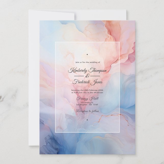 Dusty Blue, Blush Pink and Silver Ink Wedding Invitation (Front)