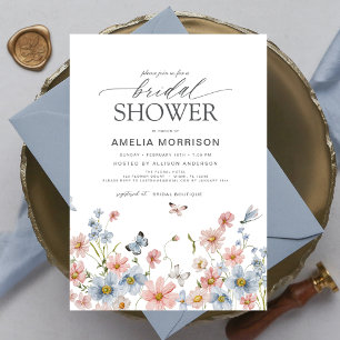 Dusty Blue Blush Pink Elegant Garden Bridal Shower Invitation