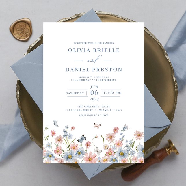 Dusty Blue Blush Pink Elegant Garden Wedding Invitation (Creator Uploaded)