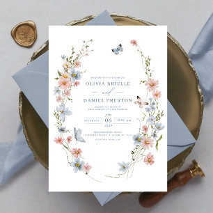 Dusty Blue Blush Pink Elegant Garden Wedding Invitation