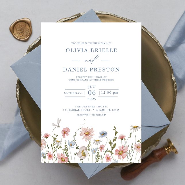 Dusty Blue Blush Pink Elegant Garden Wedding Invitation (Creator Uploaded)