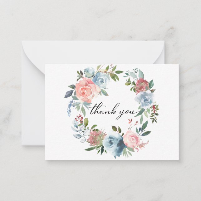 Dusty Blue & Blush Pink Floral 2 Thank You Note Ca Card (Front)
