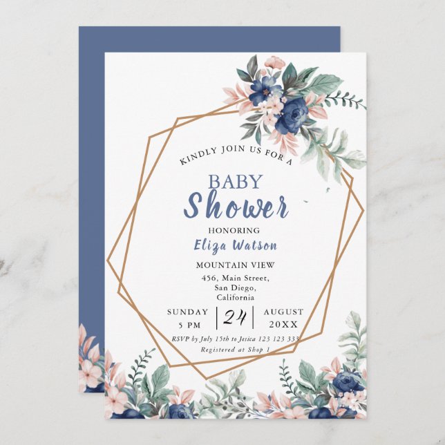 Dusty Blue Blush Pink Floral Baby Shower Invitation (Front/Back)