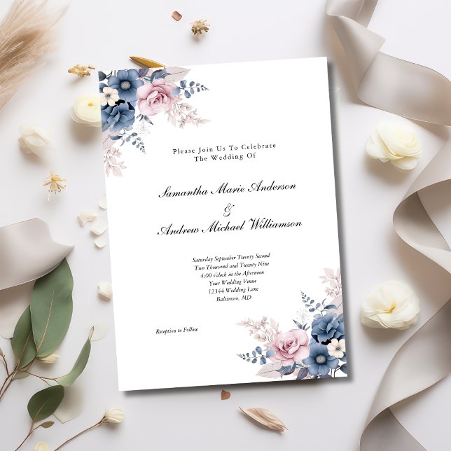 Dusty Blue Blush Pink Floral Botanical Wedding Invitation (Dusty Blue Pink Blush Floral Watercolor Elegant Formal Modern Wedding Invitation)