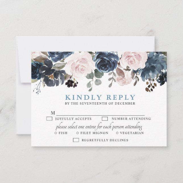 Dusty Blue Blush Pink Floral Botanical Wedding RSVP Card (Front)