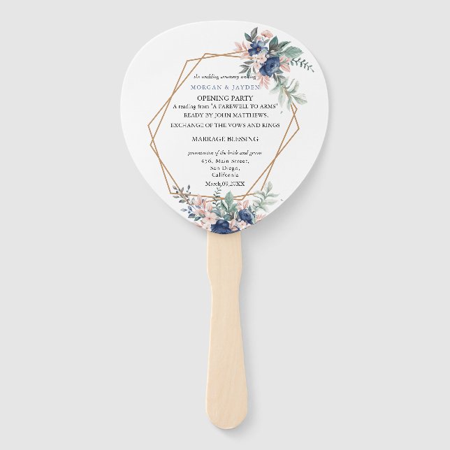 Dusty Blue Blush Pink Floral Geometric Wedding  Hand Fan (Front)