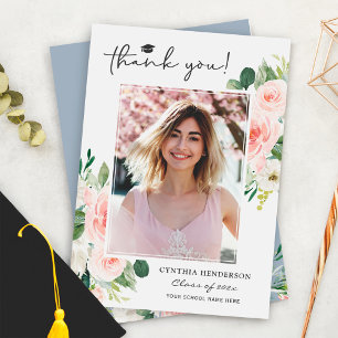 Dusty Blue Blush Pink Floral Graduation Photo Thank You Card