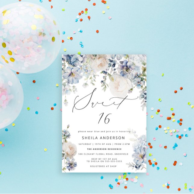 Dusty Blue & Blush Pink Floral Sweet 16 Birthday Invitation (Creator Uploaded)