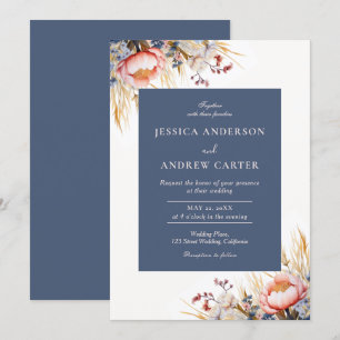 Dusty Blue & Blush Pink Floral Watercolor Wedding  Invitation