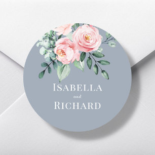 Dusty Blue   Blush Pink Floral Wedding  Classic Round Sticker