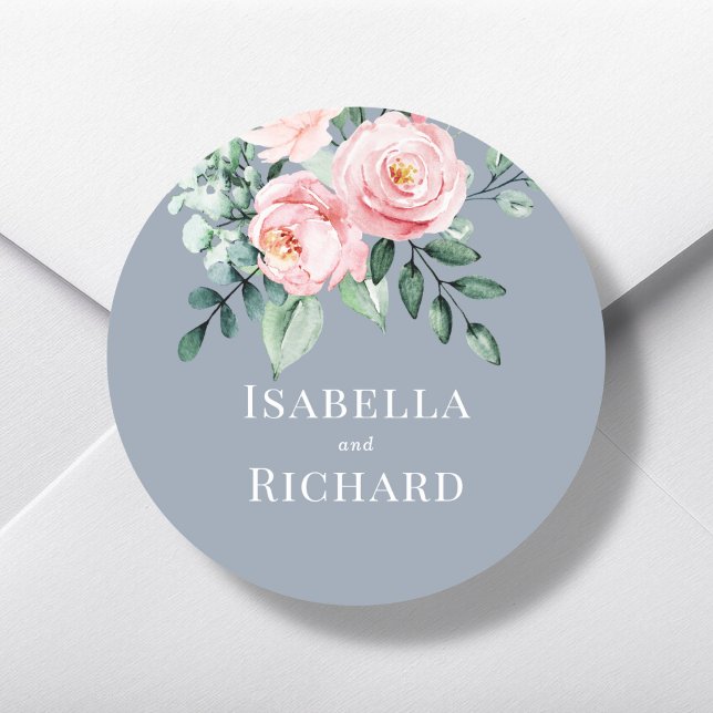 Dusty Blue | Blush Pink Floral Wedding  Classic Round Sticker (Creator Uploaded)