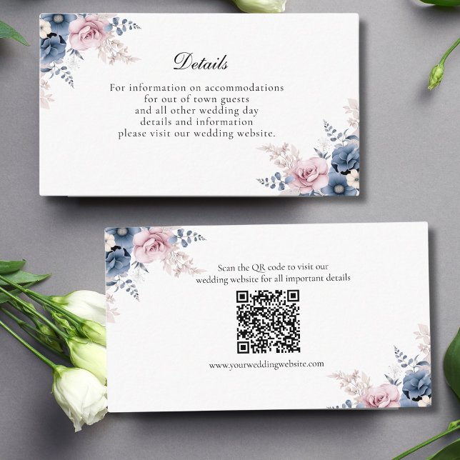 Dusty Blue Blush Pink Floral Wedding Detail  Enclosure Card (Dusty Blue Blush Pink Watercolor Floral Elegant Wedding enclosure card with QR code for website)