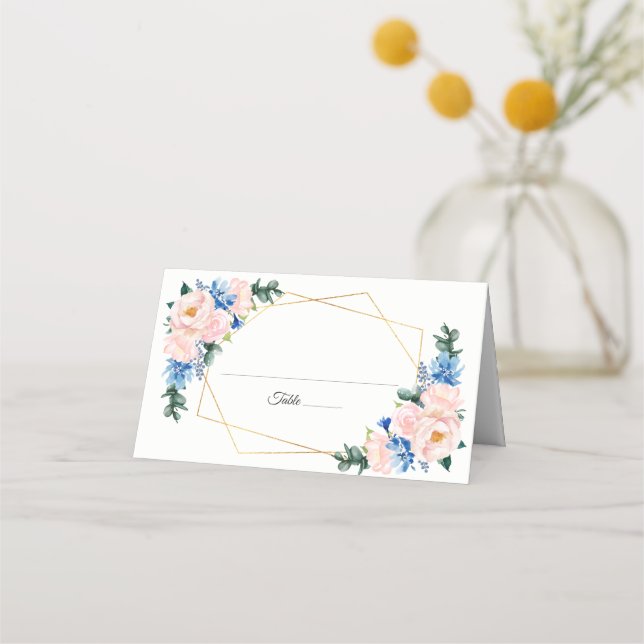 Dusty Blue Blush Pink Geometric Floral Wedding Place Card (Front)