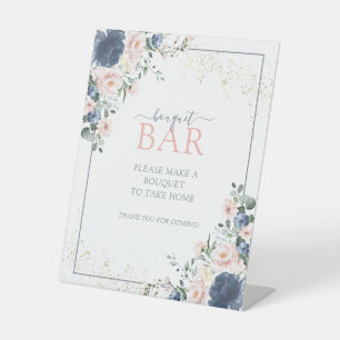 Dusty Blue Blush Pink Gold Floral Bouquet Bar Pedestal Sign
