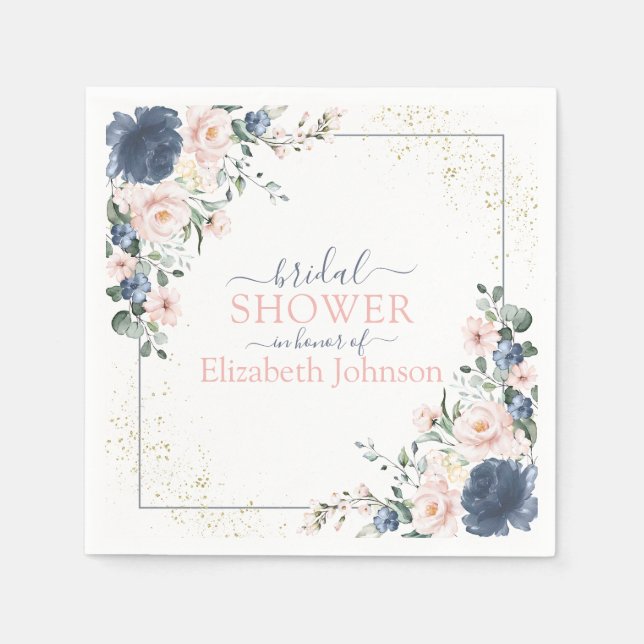 Dusty Blue Blush Pink Gold Floral Bridal Shower Napkin (Front)