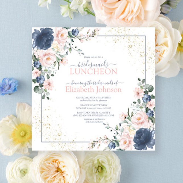 Dusty Blue Blush Pink Gold Floral Bridesmaid Lunch Invitation (Creator Uploaded)