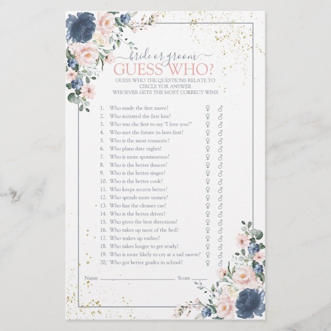 Dusty Blue Blush Pink Gold Floral Shower Game (Front)