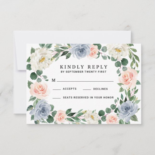 Dusty Blue Blush Pink Peach Wedding RSVP Cards (Front)