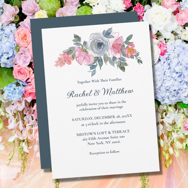 Dusty Blue & Blush Pink Watercolor Floral Wedding  Invitation (Creator Uploaded)