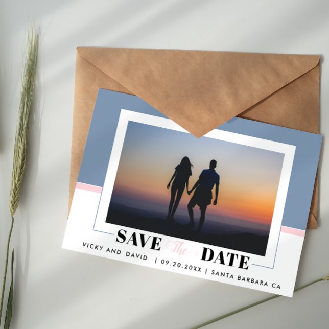 Dusty blue, blush pink wedding Save the Date photo Postcard (Creator Uploaded)