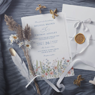 Dusty Blue Blush Pink Wildflower QR Code Wedding Invitation