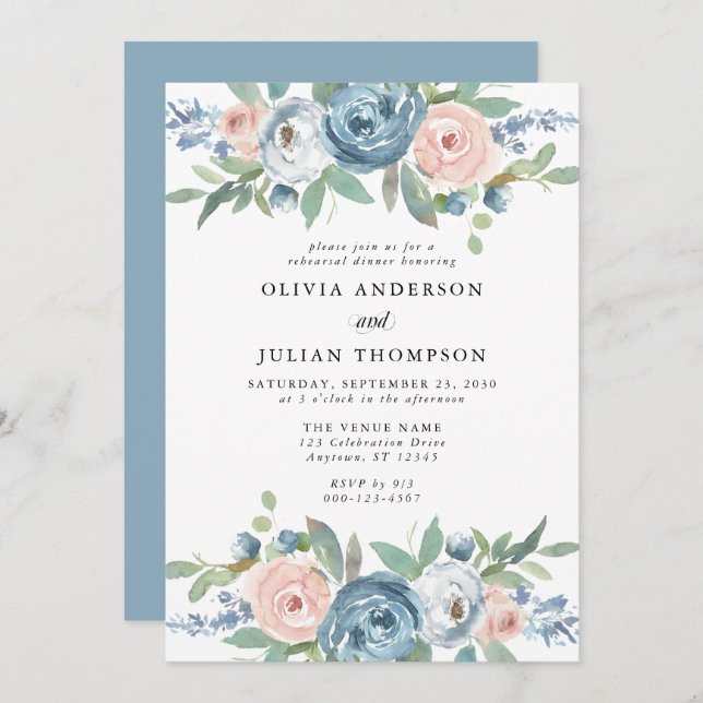Dusty Blue & Blush Rose Floral Rehearsal Dinner Invitation (Front/Back)