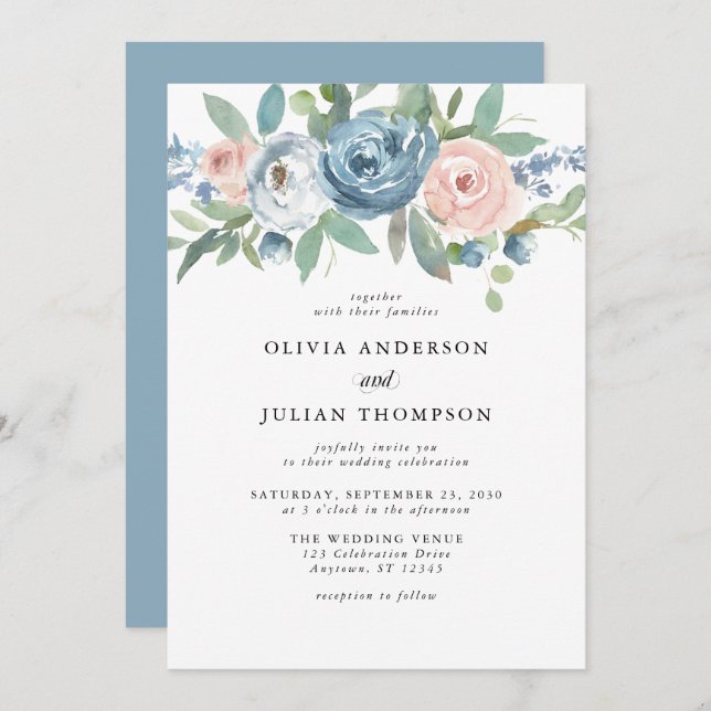 Dusty Blue & Blush Rose Floral Watercolor Wedding Invitation (Front/Back)