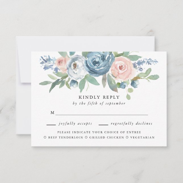 Dusty Blue & Blush Rose Wedding Meal Choice RSVP (Front)