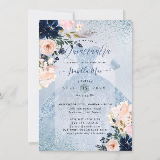 Dusty Blue+Blush Roses Glitter Gown Quinceanera Invitation