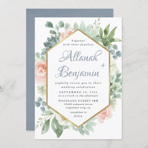 Dusty Blue Blush Succulent Floral Garden Wedding Invitation