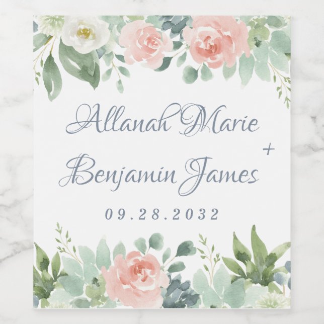 Dusty Blue Blush Succulent Floral Garden Wedding Wine Label (Single Label)