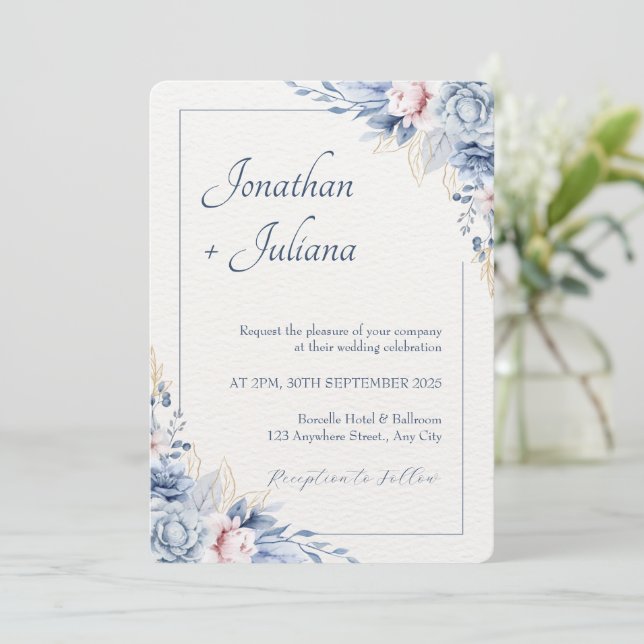 Dusty Blue & Blush Watercolor Floral  Invitation (Standing Front)