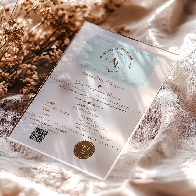 Dusty Blue Boarding Pass Cosmic Wedding  Acrylic Invitations (Creator Uploaded)