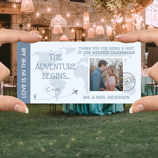 Dusty Blue Boarding Pass Destination Wedding  Thank You Card (Creator Uploaded)