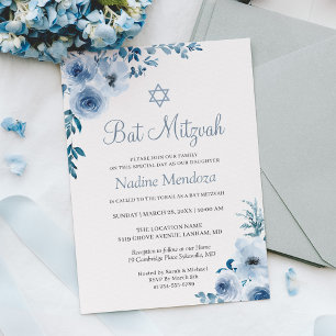 Dusty Blue Bohemian Floral Bat Mitzvah Invitation